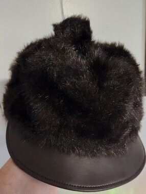United Hatters Union Made Cap ,Vintage Brown Faux Fur With Leather Look Visor